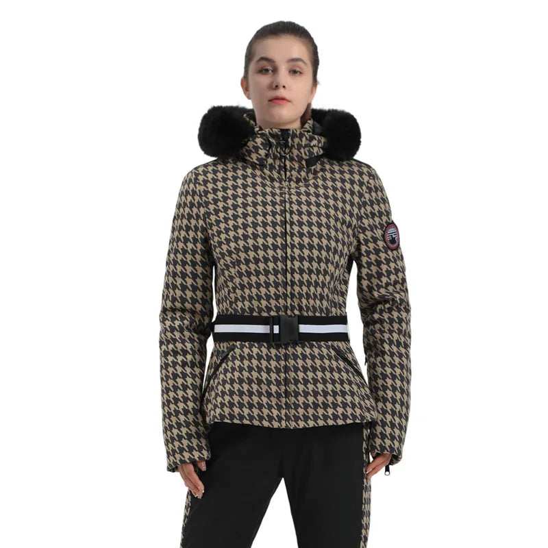 Damen Skijacke mit Kunstfellkapuze & Gürtel, Schwarz-Beige Hahnentritt