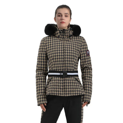 Damen Skijacke mit Kunstfellkapuze & Gürtel, Schwarz-Beige Hahnentritt