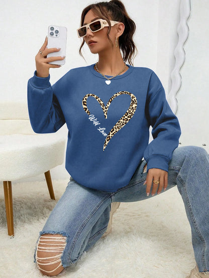 Damen Sweatshirt mit Leopardenherz-Druck Rundhals Langarm Pullover