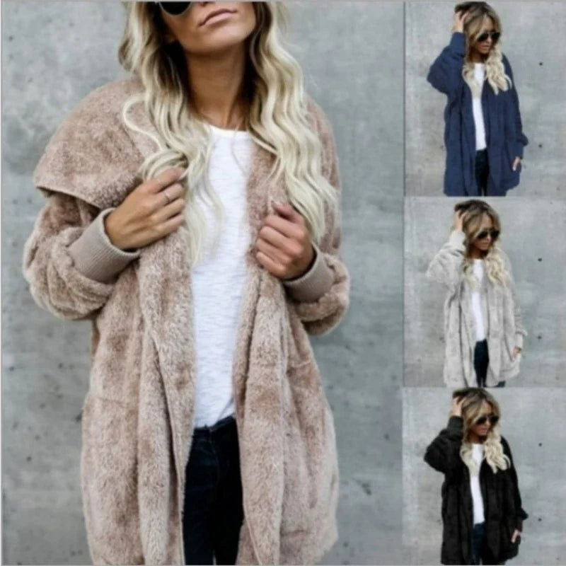Damen Kuscheliger Teddyfell Cardigan Langarm Offene Vorderseite