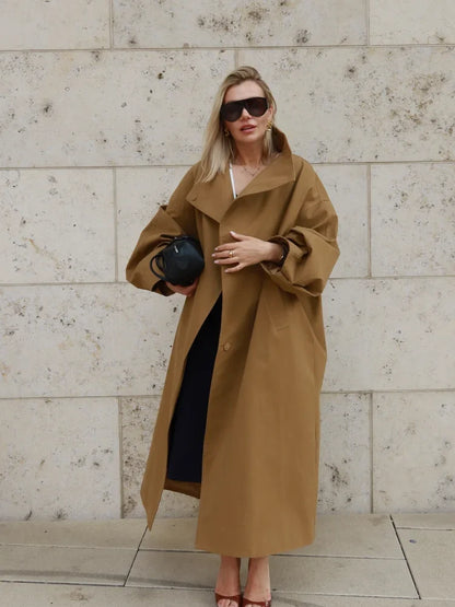 Damen Oversize Trenchcoat Mantel Lang Windbreaker Khaki