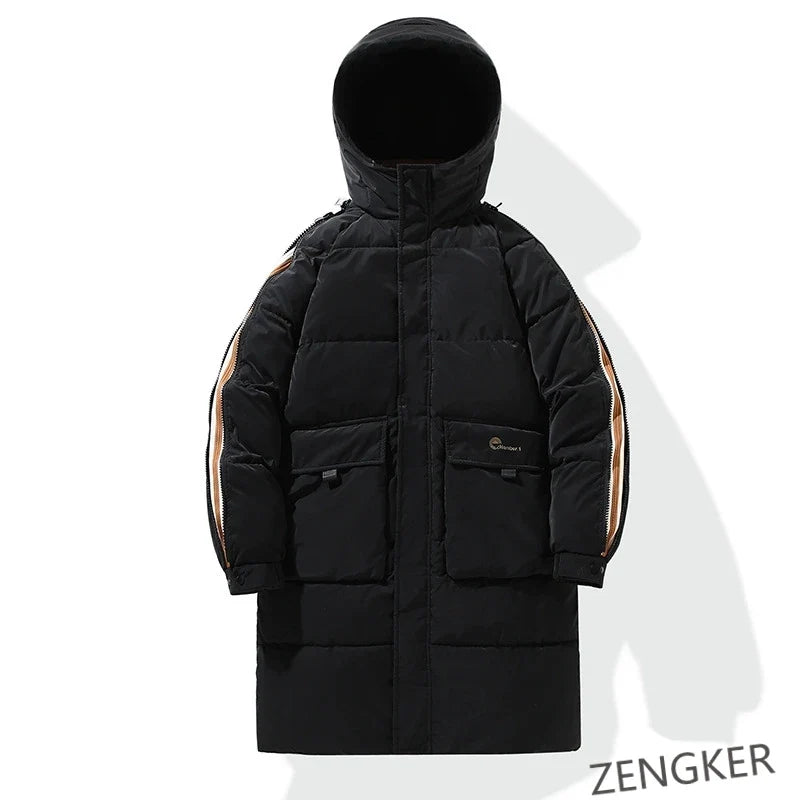 Herren Winterparka Schwarz Lang Gepolstert mit Kapuze