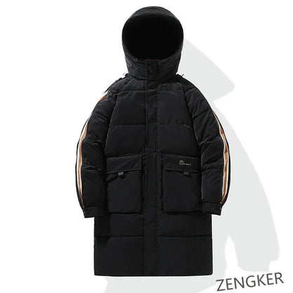 Herren Winterparka Schwarz Lang Gepolstert mit Kapuze
