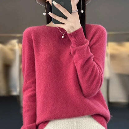 Damen Pullover Rundhals Langarm Strickpullover Weich Unifarben