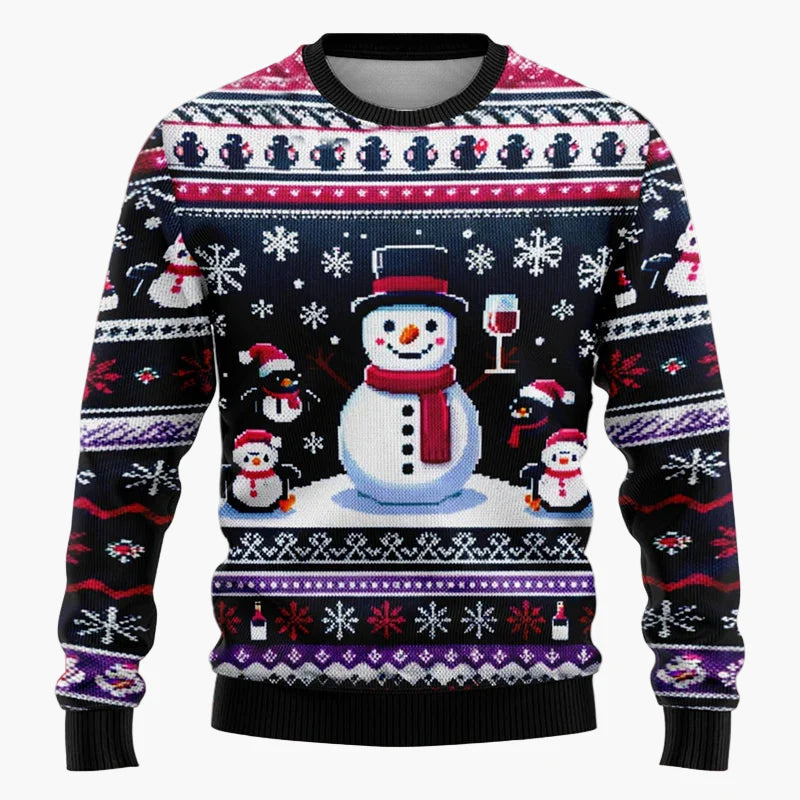 Herren & Kinder Weihnachtspullover – Lustiger Santa & Schneemann, Winterlicher 3D Ugly Christmas Sweater