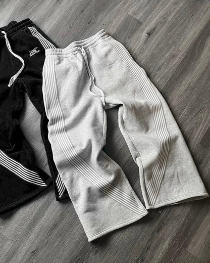 Weite Sweatpants Hose Damen Grau mit Seitenstreifen Kordelzug