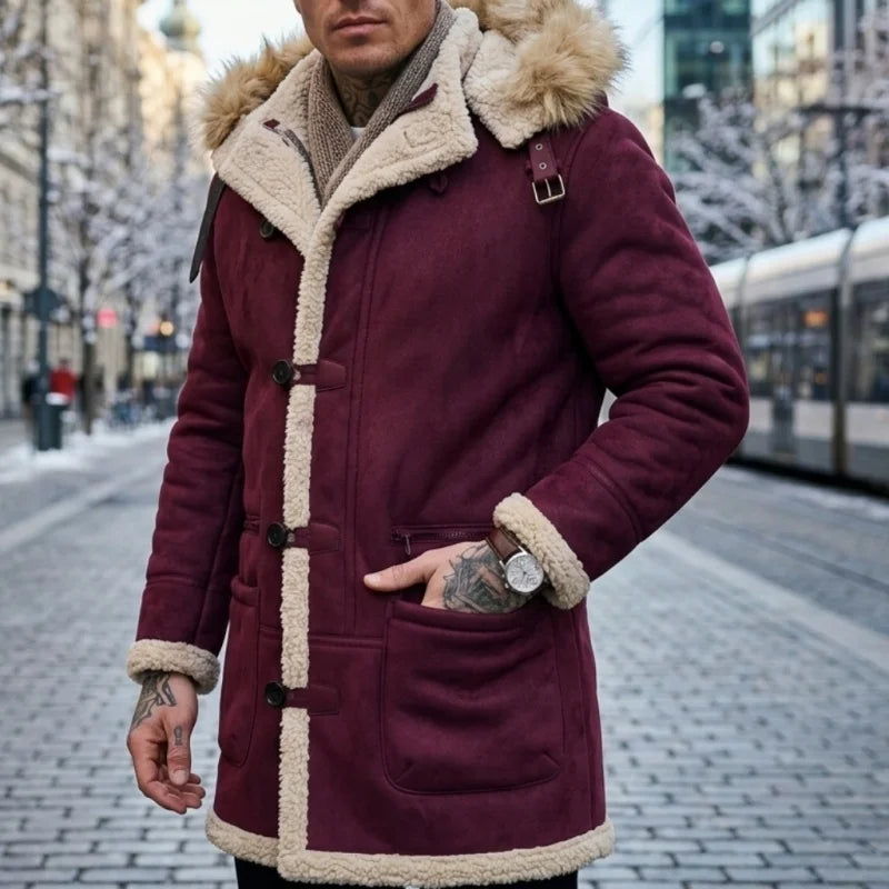 Herren Winterjacke mit Kapuze Pelzimitat Futter Lang Wintermantel Grau