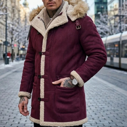 Herren Winterjacke mit Kapuze Pelzimitat Futter Lang Wintermantel Grau