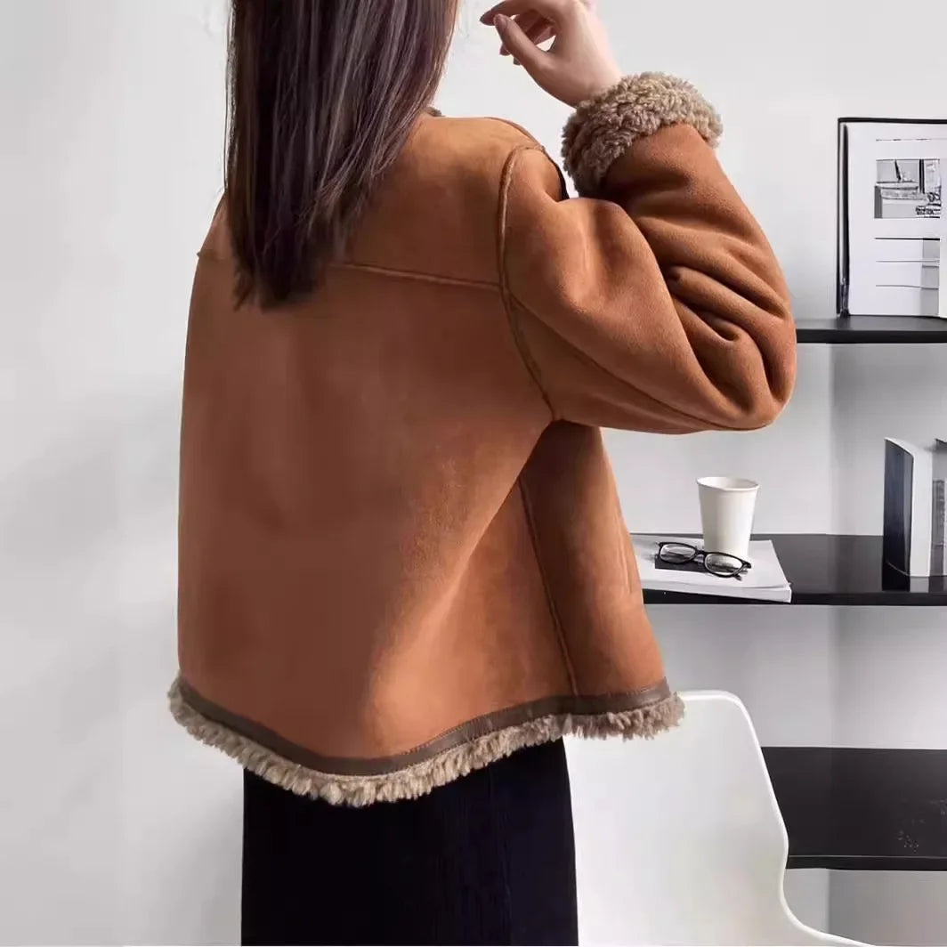 Damen Shearling-Jacke im Vintage-Stil für Herbst und Winter – Modische Kuscheljacke für Alltag und Freizeit