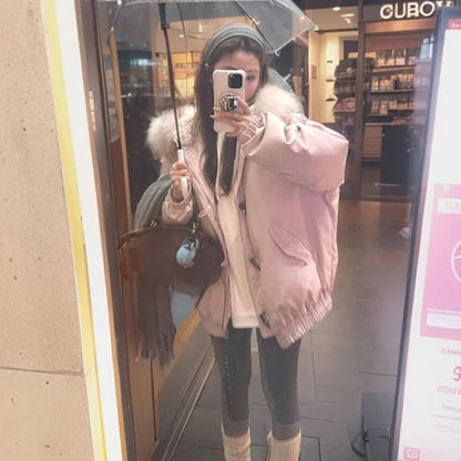 Damen Winterjacke mit Kapuze und Fellkragen Beige