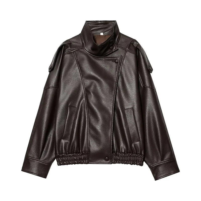 Damen Bikerjacke im Oversize-Stil mit Stehkragen und asymmetrischem Reißverschluss