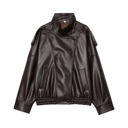 Damen Bikerjacke im Oversize-Stil mit Stehkragen und asymmetrischem Reißverschluss
