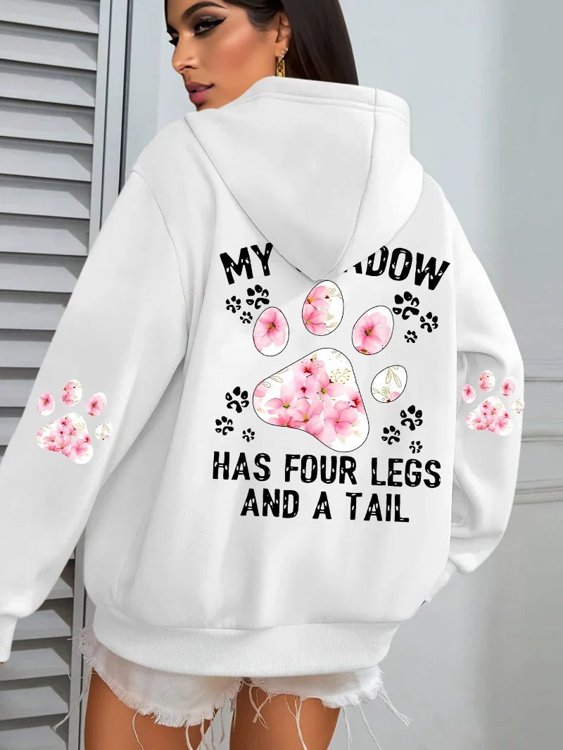 Damen Hoodie mit Kapuze und Blumen Pfotenabdruck Print