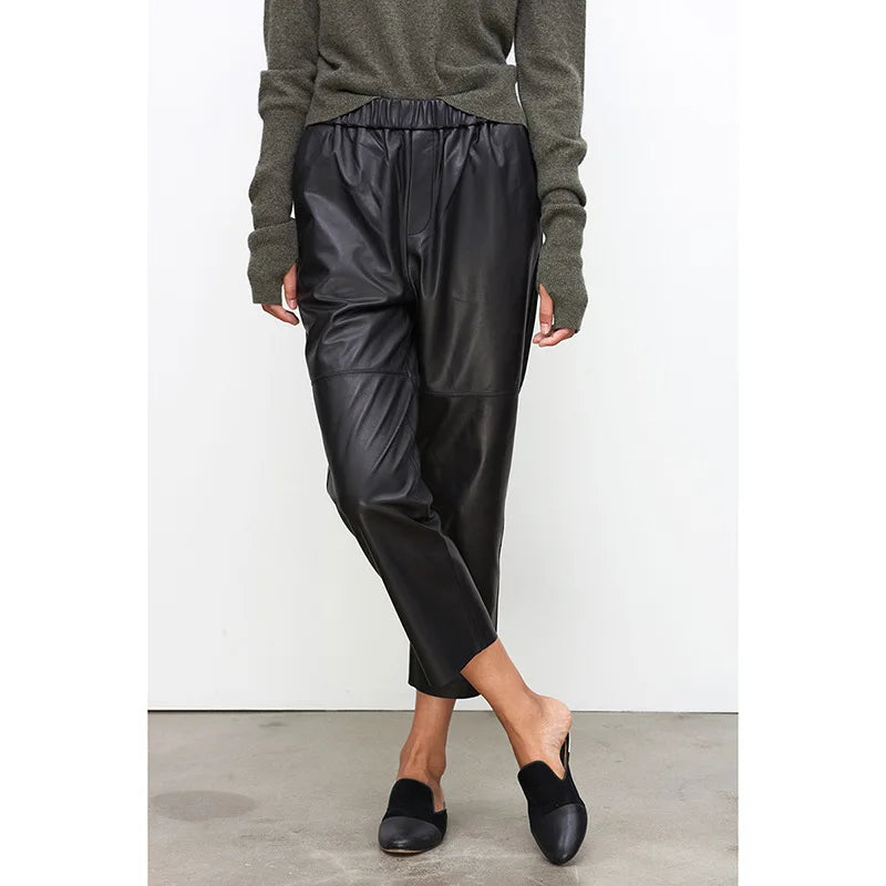 Damen Hose elastischer Bund Knöchellang Schwarz