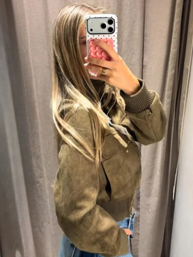 Damen Bomberjacke aus Wildleder-Optik mit Stehkragen und Taschen