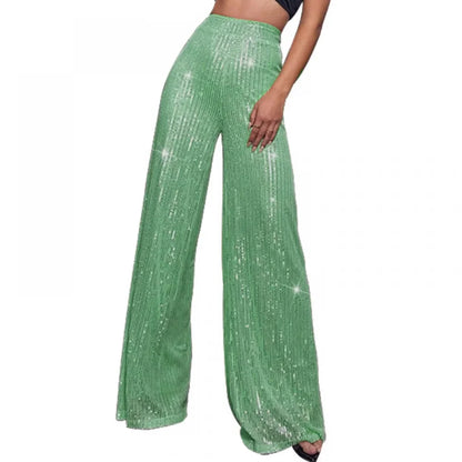 Damen Pailletten Weite Hose mit Hohem Bund Glamourös Glänzend Violett