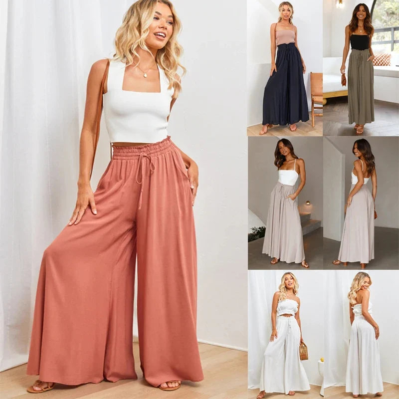 Damen Weite Hose mit Hohem Bund und Kordelzug, Lockere Palazzo-Hose