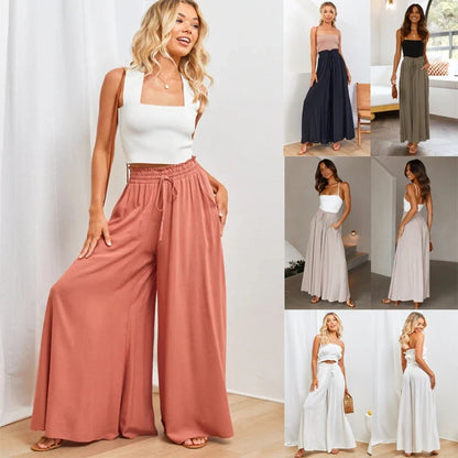 Damen Weite Hose mit Hohem Bund und Kordelzug, Lockere Palazzo-Hose
