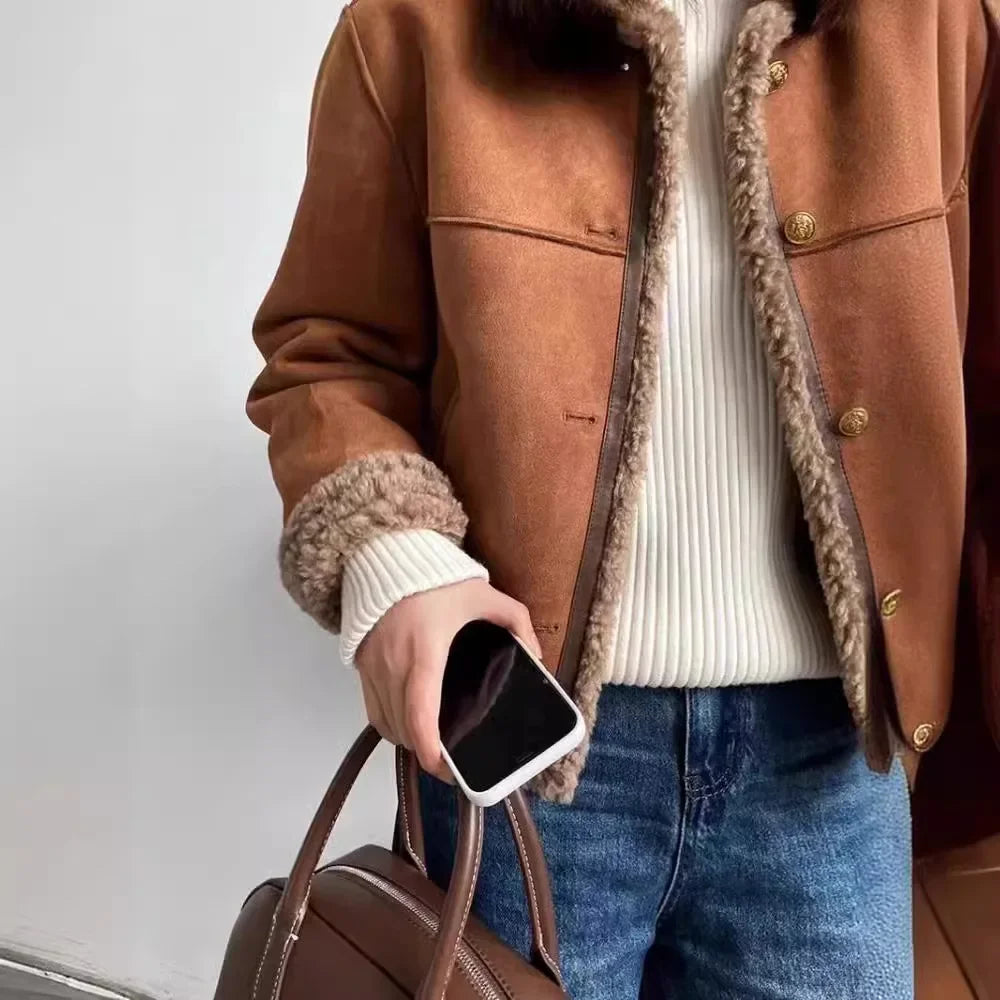Damen Shearling-Jacke im Vintage-Stil für Herbst und Winter – Modische Kuscheljacke für Alltag und Freizeit