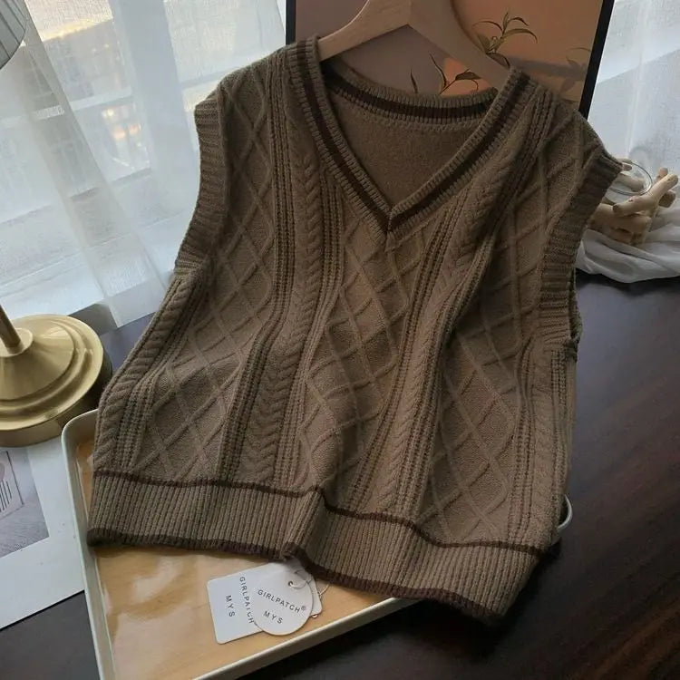 Strick Weste Damen V-Ausschnitt Zopfmuster College-Stil Ärmelloser Pullover