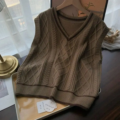 Strick Weste Damen V-Ausschnitt Zopfmuster College-Stil Ärmelloser Pullover