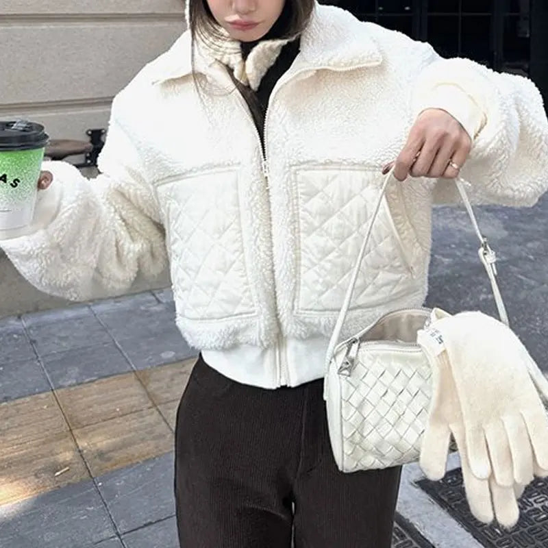 Damen Teddyjacke Kurz Fluffy mit Stepptaschen Schwarz