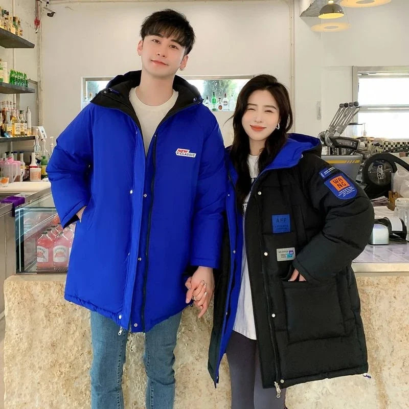 Unisex Winter Steppjacke mit Kapuze, lange Winterjacke Schwarz Blau Weiß