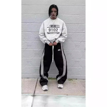 Weite Sweatpants Hose Damen Grau mit Seitenstreifen Kordelzug
