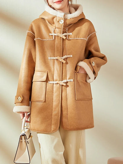 Damen Dufflecoat mit Kapuze und Plüschfutter, Karamellbraun