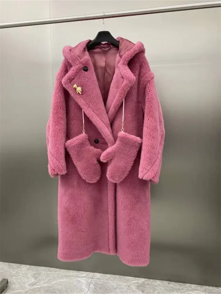 Damen Teddyfell Mantel lang mit Kapuze und Handschuhen