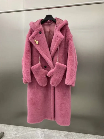 Damen Teddyfell Mantel lang mit Kapuze und Handschuhen
