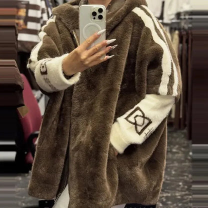 Damen Hoodie Jacke Plüsch Optik mit Strickärmeln und Reißverschluss