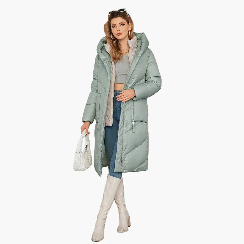 Damen Winter Steppmantel mit Kapuze, langer Daunenstil, modisch und warm für Alltag & Freizeit