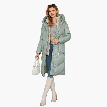 Damen Winter Steppmantel mit Kapuze, langer Daunenstil, modisch und warm für Alltag & Freizeit