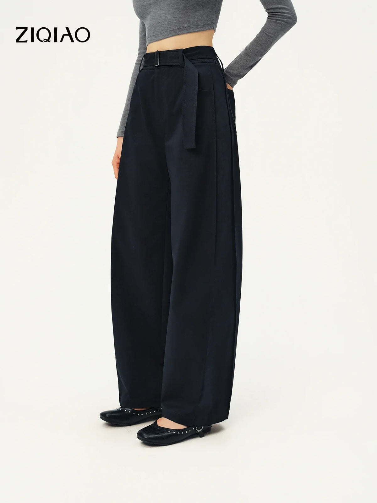 Damen Weite Hose mit Gürtel Hoher Bund Elegante Stoffhose Marineblau