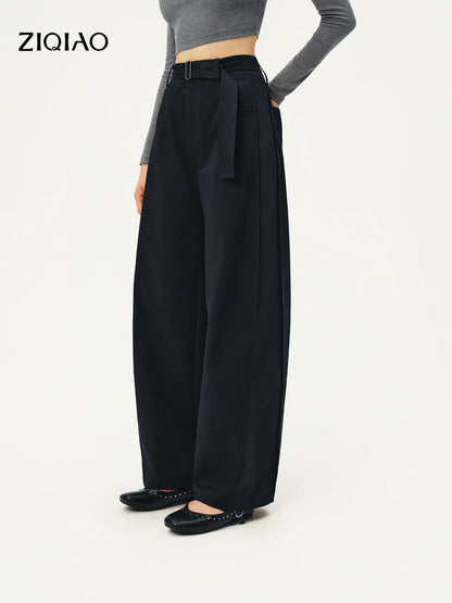 Damen Weite Hose mit Gürtel Hoher Bund Elegante Stoffhose Marineblau