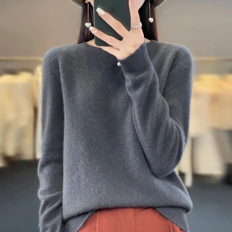 Damen Pullover Rundhals Langarm Strickpullover Weich Unifarben