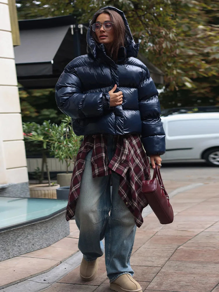Kurze Pufferjacke Glänzend mit Kapuze Damen Winterjacke