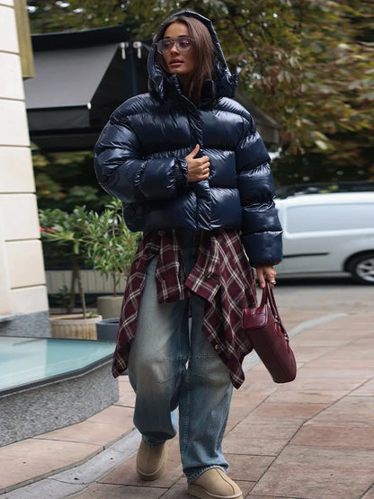 Kurze Pufferjacke Glänzend mit Kapuze Damen Winterjacke