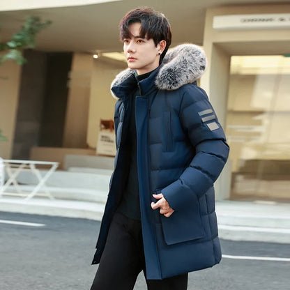 Herren Winterparka mit Kapuze Kunstfellbesatz Steppjacke Lang Warme Outdoormantel
