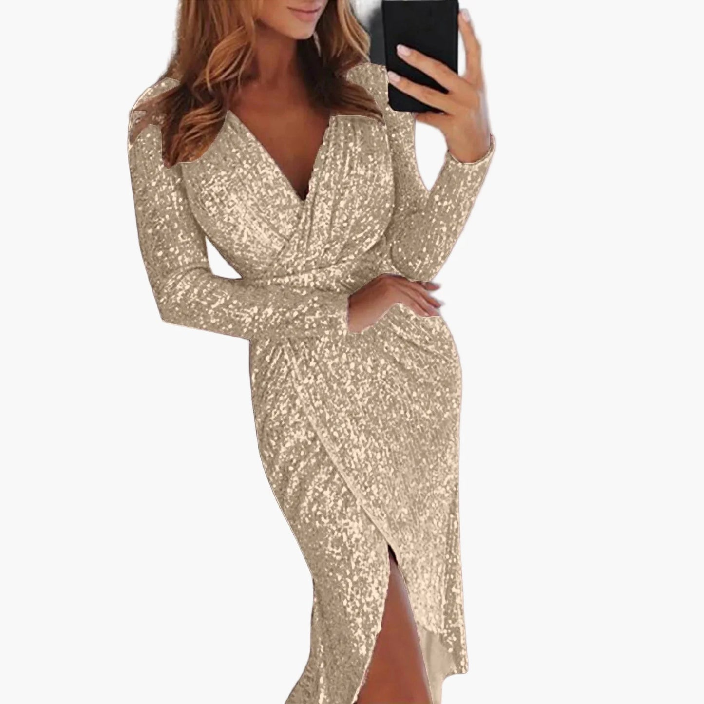 Damen Elegantes Abendkleid mit Pailletten und Tiefem V-Ausschnitt – Langarm Wickelkleid für Party & Nachtclub