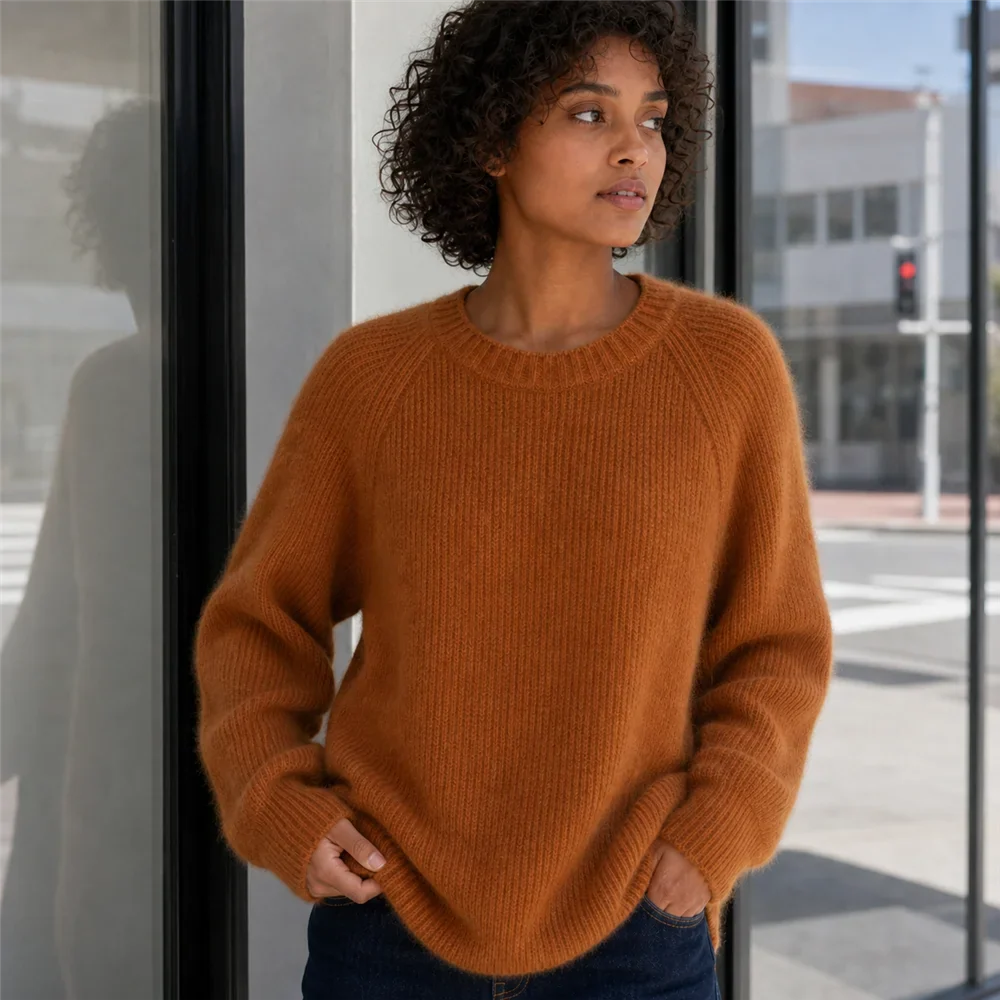 Damen Oversize Rippstrick Pullover Rundhals