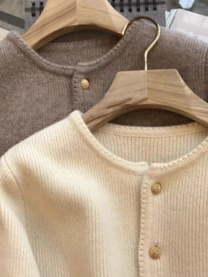 Damen Cardigan Rundhals Goldknöpfe Langarm Strickjacke