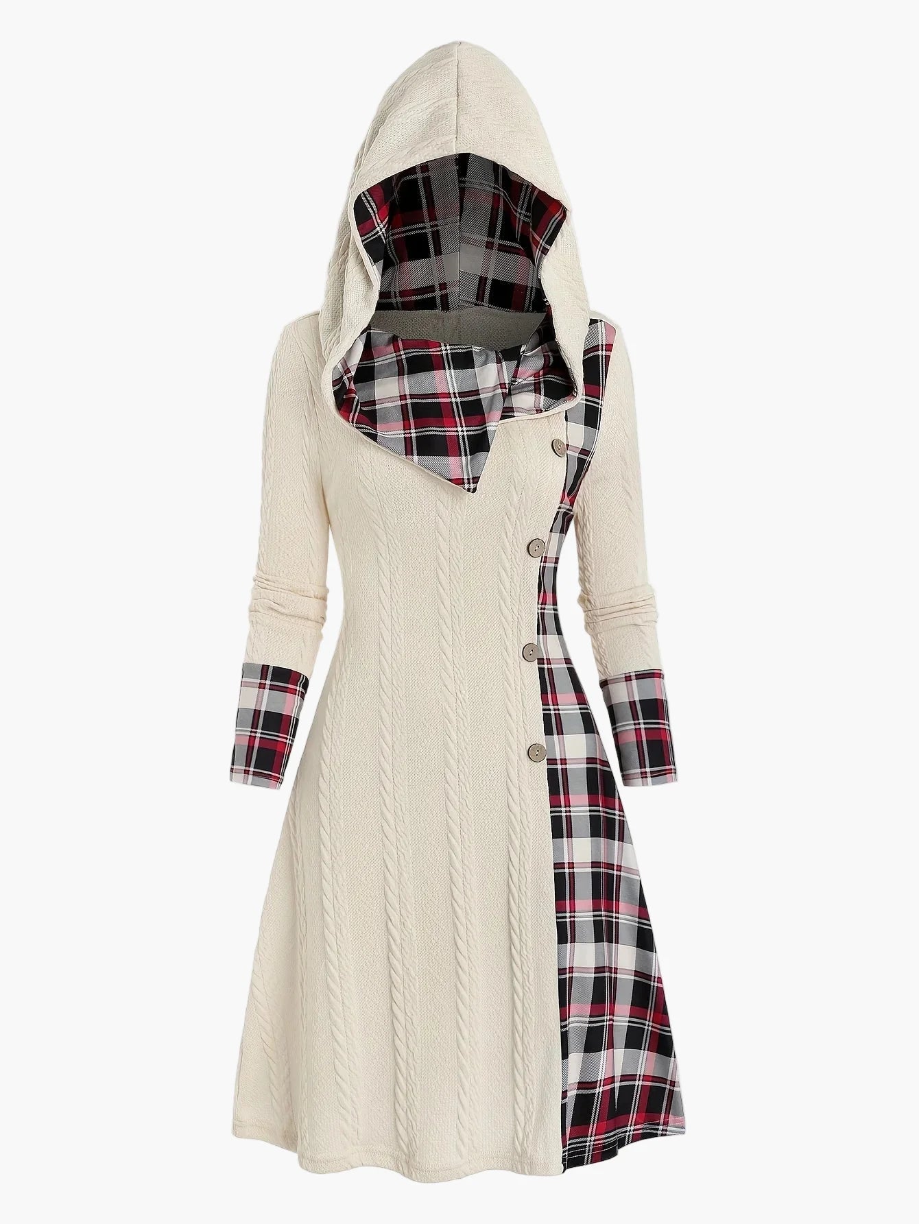 Damen Kapuzenkleid im Strick-Look mit Karomuster – Elegantes Freizeitkleid mit Knopfleiste