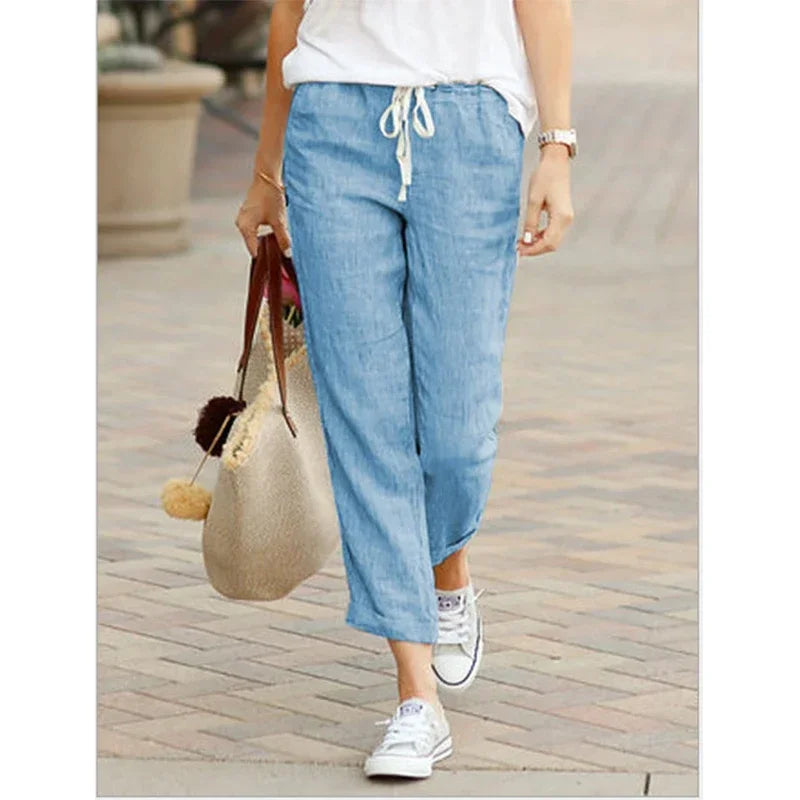 Damen Leinenhose mit Gummibund und Kordelzug, Cropped-Länge