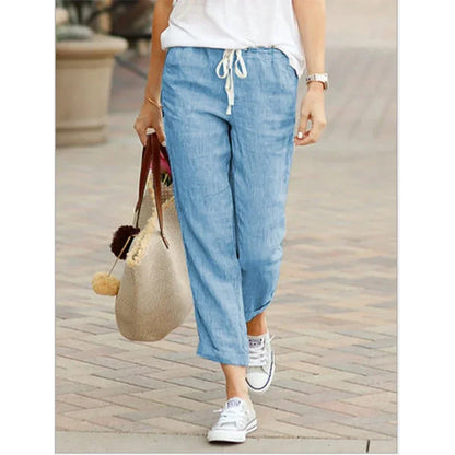 Damen Leinenhose mit Gummibund und Kordelzug, Cropped-Länge
