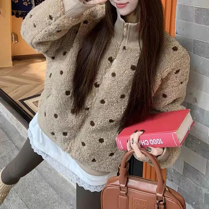 Damen Teddy Fleece Jacke Punkte Stehkragen Reißverschluss Beige
