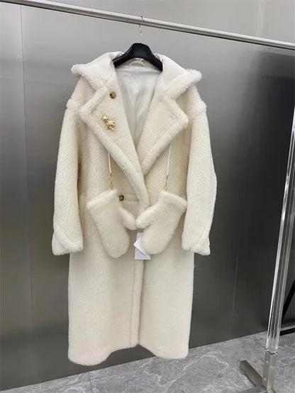 Damen Teddyfell Mantel lang mit Kapuze und Handschuhen