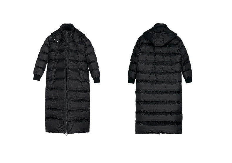 Langer Schwarzer Winter Steppmantel mit Kapuze für Herren