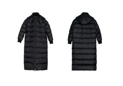 Langer Schwarzer Winter Steppmantel mit Kapuze für Herren